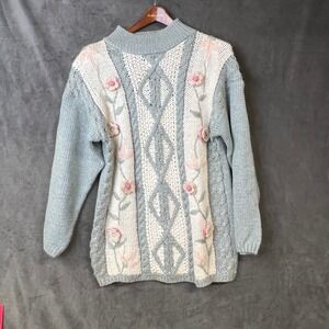 Needles‎ & Yarn Vintage Floral Knit Sweater Cottagecore Grannycore Pastel Blue L